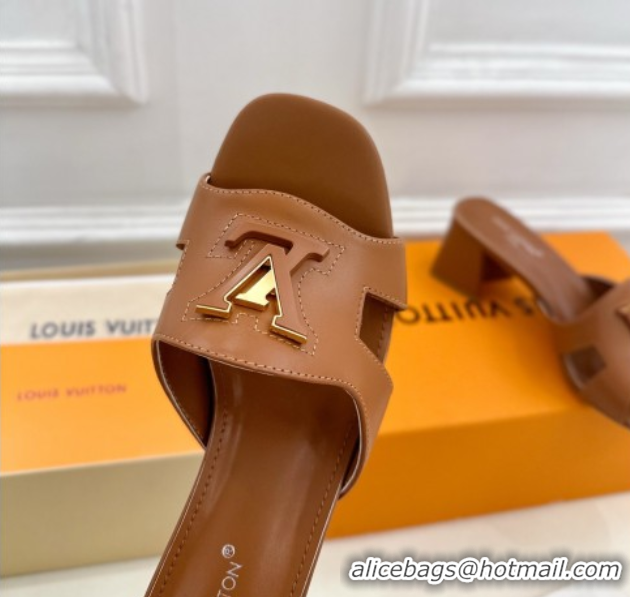 Best Price Louis Vuitton Mare Heel Slides Sandal 5.5cm in Calfskin Leather Brown 0607041