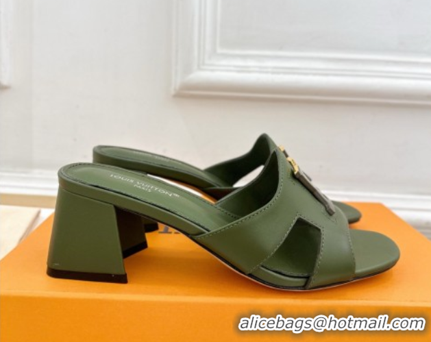 Generous Louis Vuitton Mare Heel Slides Sandal 5.5cm in Calfskin Leather Green 0607042