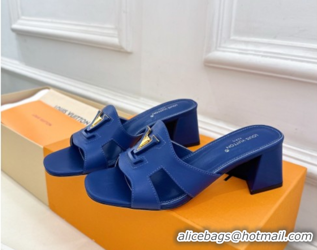 Classic Hot Louis Vuitton Mare Heel Slides Sandal 5.5cm in Calfskin Leather Blue 0607043
