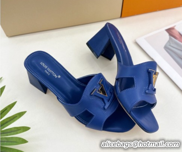 Classic Hot Louis Vuitton Mare Heel Slides Sandal 5.5cm in Calfskin Leather Blue 0607043