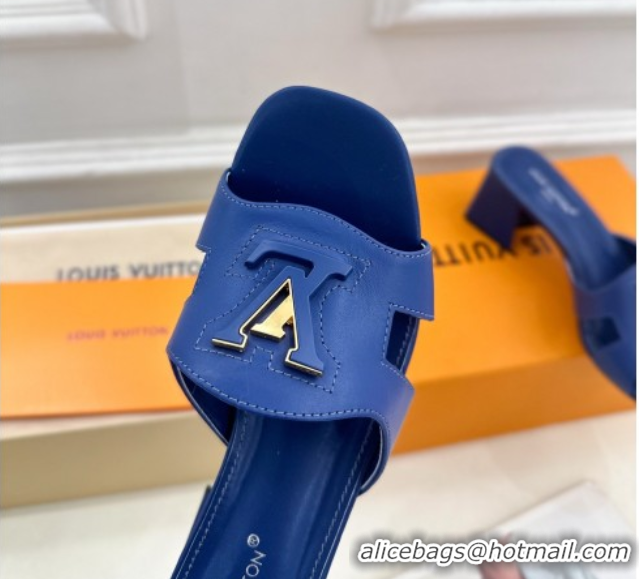 Classic Hot Louis Vuitton Mare Heel Slides Sandal 5.5cm in Calfskin Leather Blue 0607043