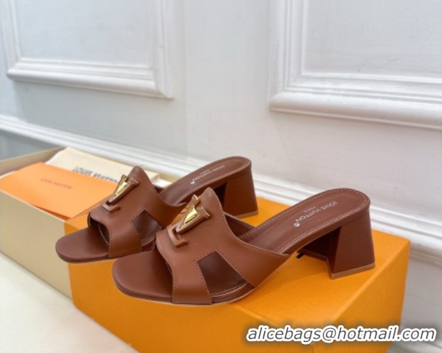 Top Design Louis Vuitton Mare Heel Slides Sandal 5.5cm in Calfskin Leather Brown 0607044
