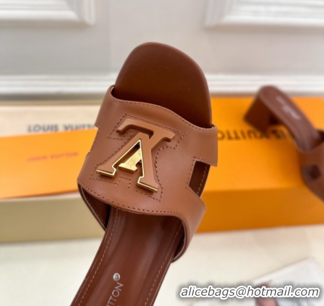 Top Design Louis Vuitton Mare Heel Slides Sandal 5.5cm in Calfskin Leather Brown 0607044