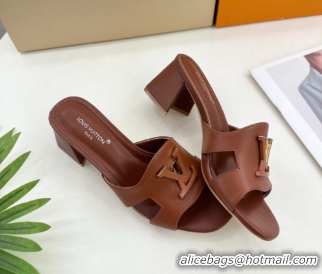 Top Design Louis Vuitton Mare Heel Slides Sandal 5.5cm in Calfskin Leather Brown 0607044
