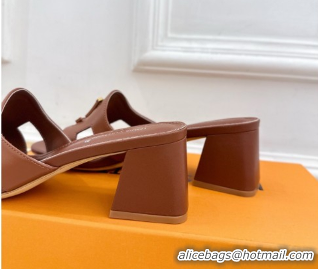 Top Design Louis Vuitton Mare Heel Slides Sandal 5.5cm in Calfskin Leather Brown 0607044