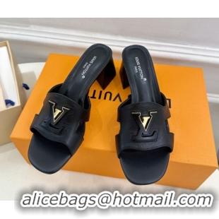 Stylish Louis Vuitton Mare Heel Slides Sandal 5.5cm in Calfskin Leather Black 0607046