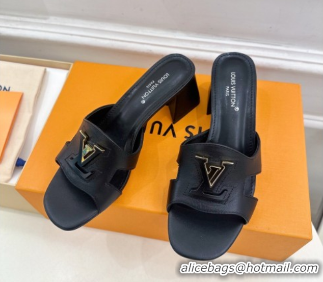 Stylish Louis Vuitton Mare Heel Slides Sandal 5.5cm in Calfskin Leather Black 0607046