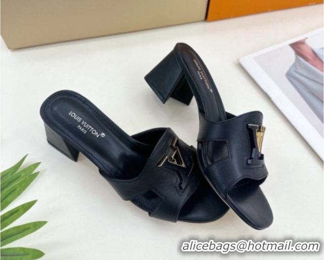 Stylish Louis Vuitton Mare Heel Slides Sandal 5.5cm in Calfskin Leather Black 0607046