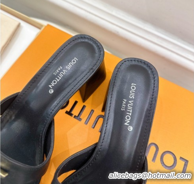 Stylish Louis Vuitton Mare Heel Slides Sandal 5.5cm in Calfskin Leather Black 0607046