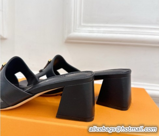 Stylish Louis Vuitton Mare Heel Slides Sandal 5.5cm in Calfskin Leather Black 0607046