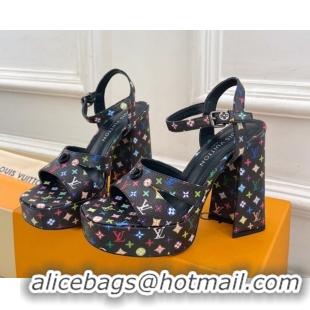 Luxury Louis Vuitton Maya Heeled Platform Sandals 12cm in Monogram Canvas Black/Multicolored 2025 1AGXXV 0607049