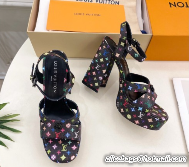 Luxury Louis Vuitton Maya Heeled Platform Sandals 12cm in Monogram Canvas Black/Multicolored 2025 1AGXXV 0607049