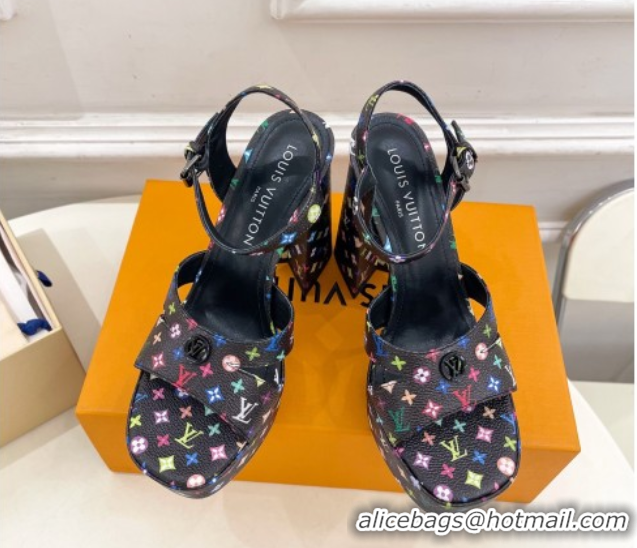 Luxury Louis Vuitton Maya Heeled Platform Sandals 12cm in Monogram Canvas Black/Multicolored 2025 1AGXXV 0607049