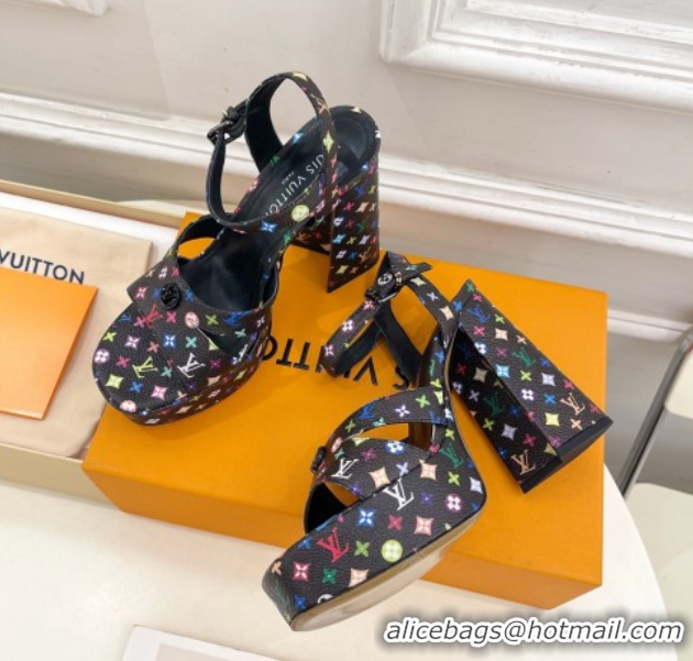 Luxury Louis Vuitton Maya Heeled Platform Sandals 12cm in Monogram Canvas Black/Multicolored 2025 1AGXXV 0607049