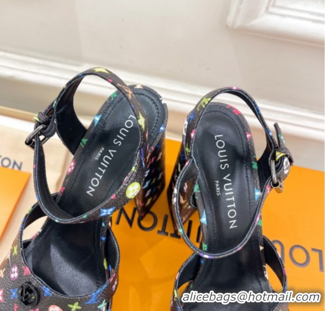 Luxury Louis Vuitton Maya Heeled Platform Sandals 12cm in Monogram Canvas Black/Multicolored 2025 1AGXXV 0607049