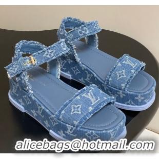 Stylish Louis Vuitton Maya Platform Sandals 5cm in Denim with Fringe Blue 0607063