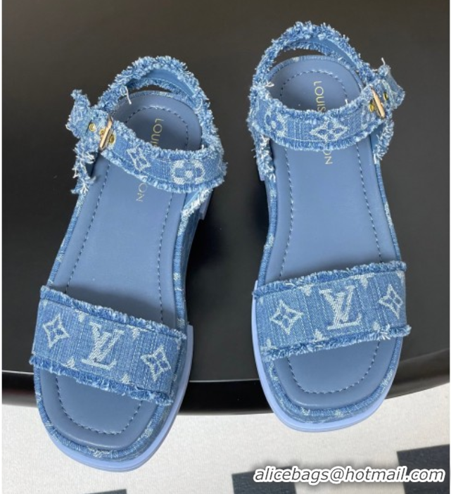Stylish Louis Vuitton Maya Platform Sandals 5cm in Denim with Fringe Blue 0607063