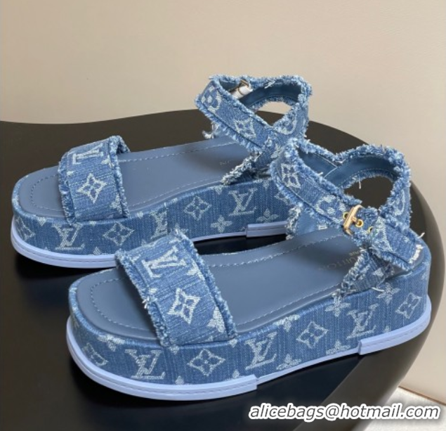 Stylish Louis Vuitton Maya Platform Sandals 5cm in Denim with Fringe Blue 0607063