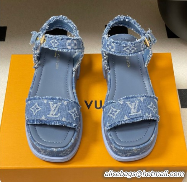 Stylish Louis Vuitton Maya Platform Sandals 5cm in Denim with Fringe Blue 0607063