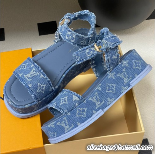 Stylish Louis Vuitton Maya Platform Sandals 5cm in Denim with Fringe Blue 0607063