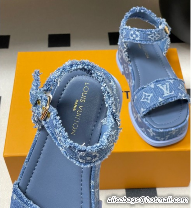 Stylish Louis Vuitton Maya Platform Sandals 5cm in Denim with Fringe Blue 0607063