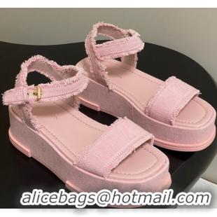 1:1 aaaaa Louis Vuitton Maya Platform Sandals 5cm in Denim with Fringe Pink 0607064