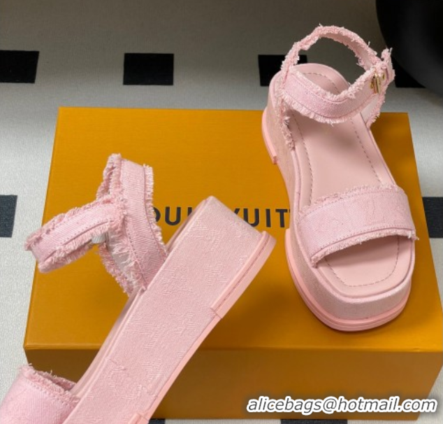 1:1 aaaaa Louis Vuitton Maya Platform Sandals 5cm in Denim with Fringe Pink 0607064
