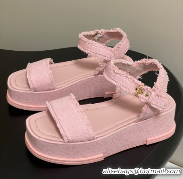 1:1 aaaaa Louis Vuitton Maya Platform Sandals 5cm in Denim with Fringe Pink 0607064