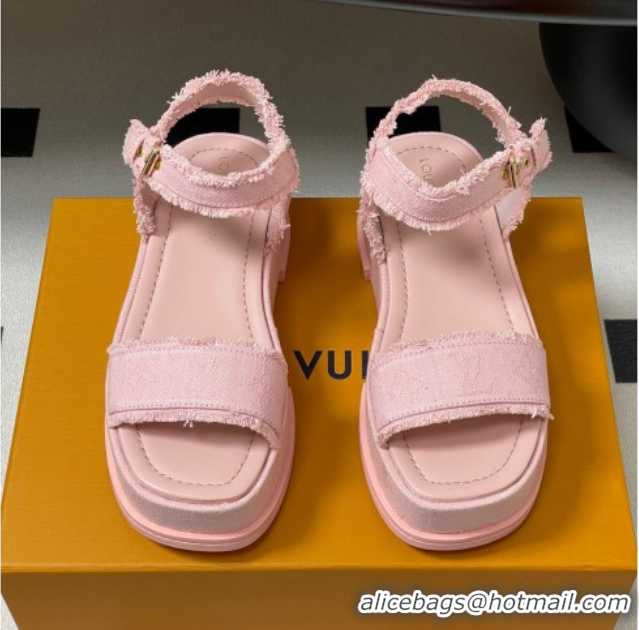 1:1 aaaaa Louis Vuitton Maya Platform Sandals 5cm in Denim with Fringe Pink 0607064