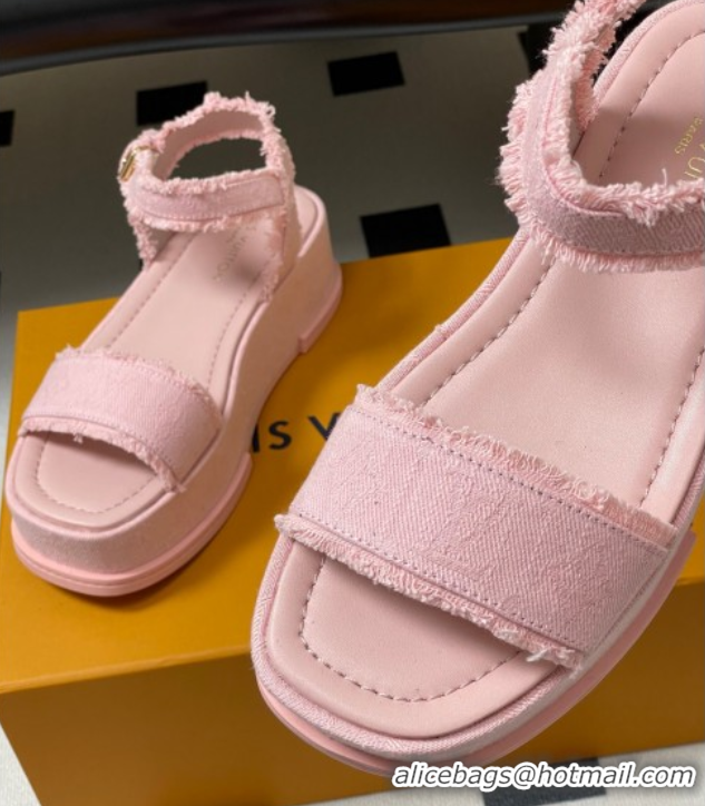 1:1 aaaaa Louis Vuitton Maya Platform Sandals 5cm in Denim with Fringe Pink 0607064