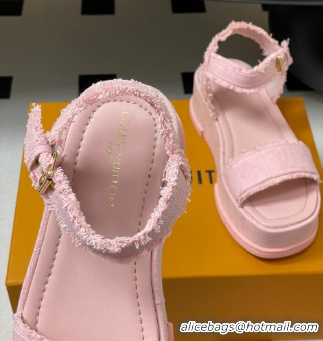 1:1 aaaaa Louis Vuitton Maya Platform Sandals 5cm in Denim with Fringe Pink 0607064