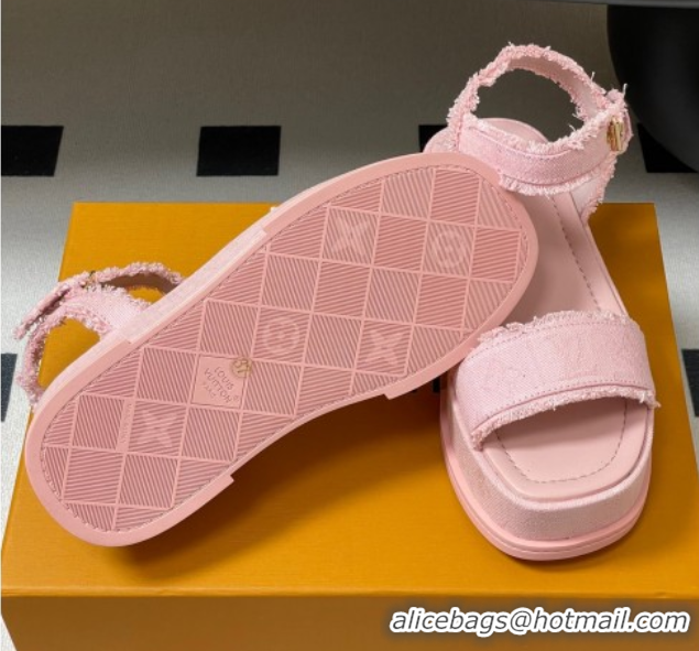 1:1 aaaaa Louis Vuitton Maya Platform Sandals 5cm in Denim with Fringe Pink 0607064
