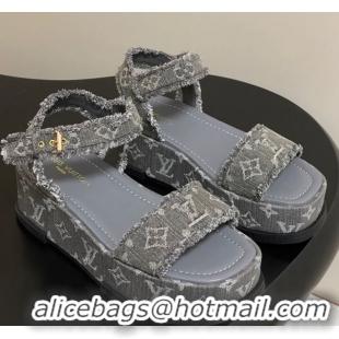 1:1 Louis Vuitton Maya Platform Sandals 5cm in Denim with Fringe Grey 0607065