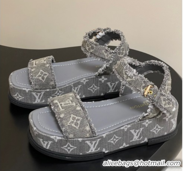 1:1 Louis Vuitton Maya Platform Sandals 5cm in Denim with Fringe Grey 0607065