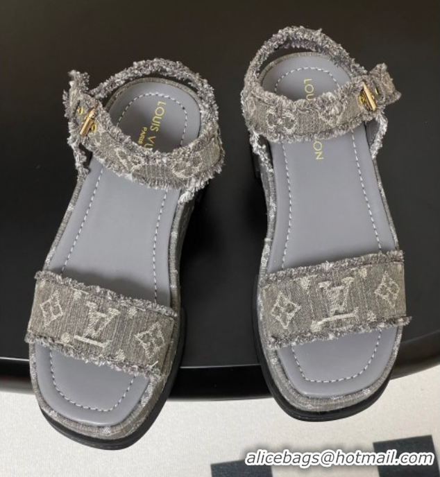 1:1 Louis Vuitton Maya Platform Sandals 5cm in Denim with Fringe Grey 0607065
