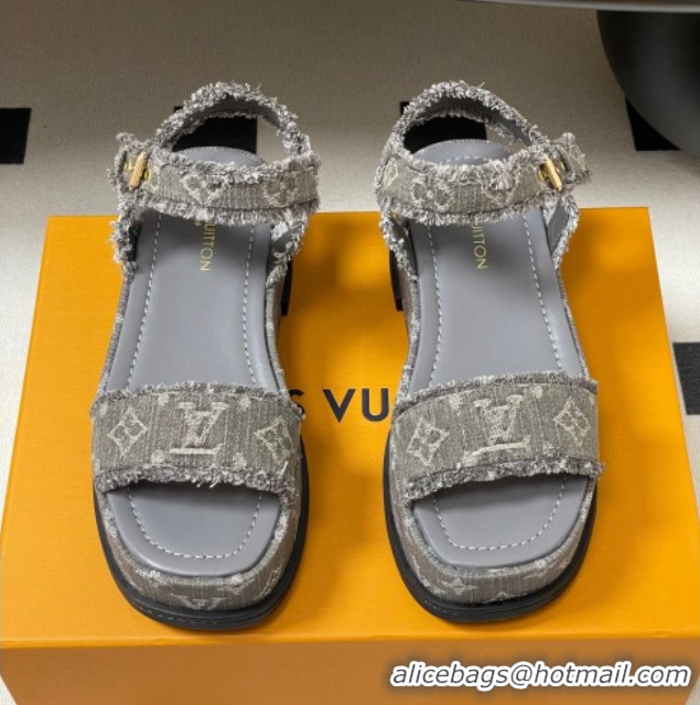1:1 Louis Vuitton Maya Platform Sandals 5cm in Denim with Fringe Grey 0607065