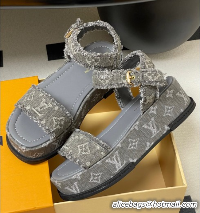 1:1 Louis Vuitton Maya Platform Sandals 5cm in Denim with Fringe Grey 0607065