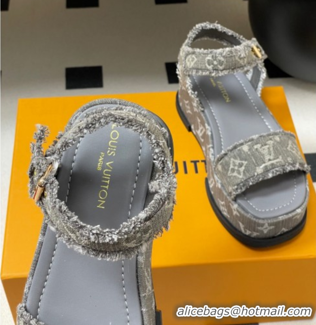 1:1 Louis Vuitton Maya Platform Sandals 5cm in Denim with Fringe Grey 0607065