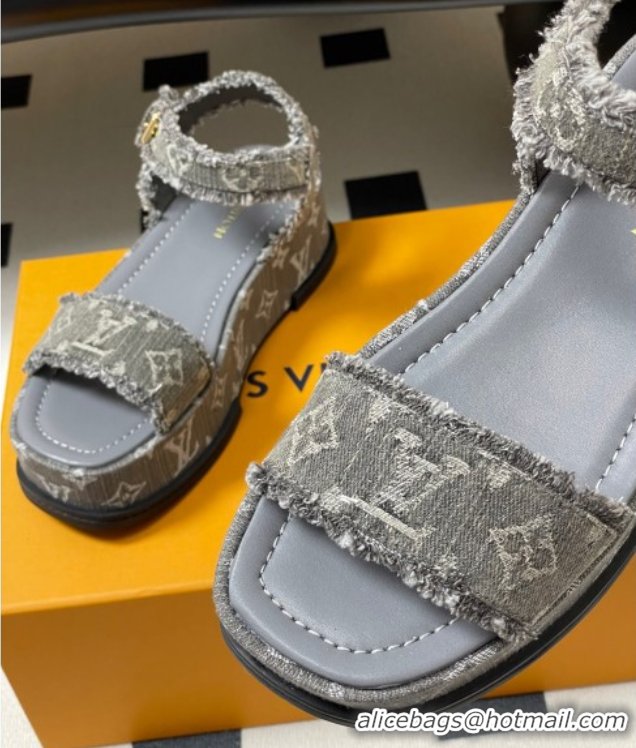 1:1 Louis Vuitton Maya Platform Sandals 5cm in Denim with Fringe Grey 0607065