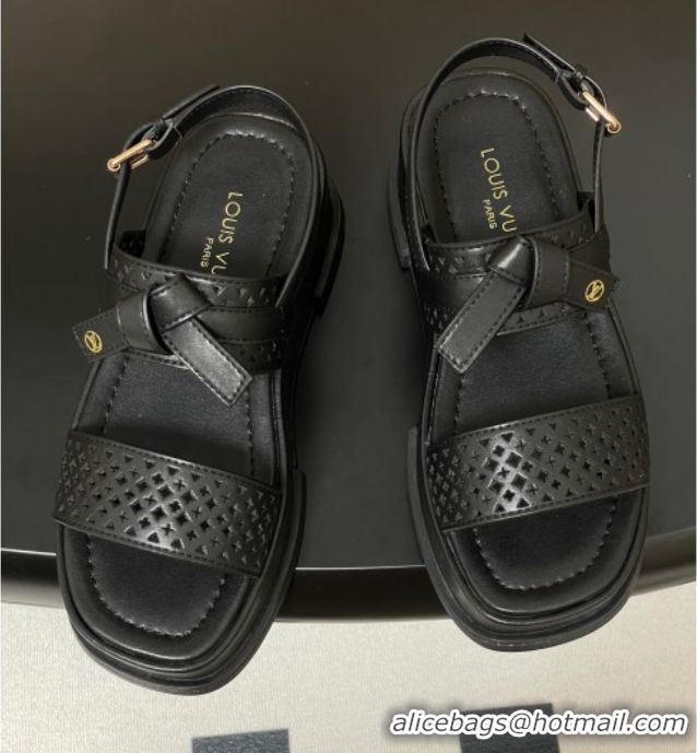 Grade Quality Louis Vuitton Maya Platform Comfort Sandals 5cm in Perforated Calf Leather with Bow Black 0607071