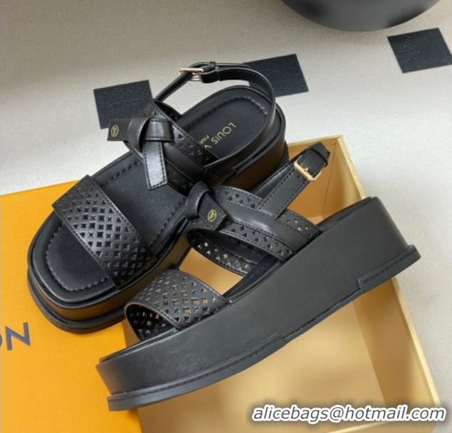 Grade Quality Louis Vuitton Maya Platform Comfort Sandals 5cm in Perforated Calf Leather with Bow Black 0607071
