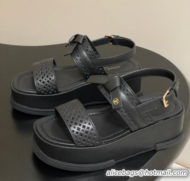 Grade Quality Louis Vuitton Maya Platform Comfort Sandals 5cm in Perforated Calf Leather with Bow Black 0607071