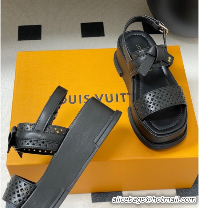 Grade Quality Louis Vuitton Maya Platform Comfort Sandals 5cm in Perforated Calf Leather with Bow Black 0607071