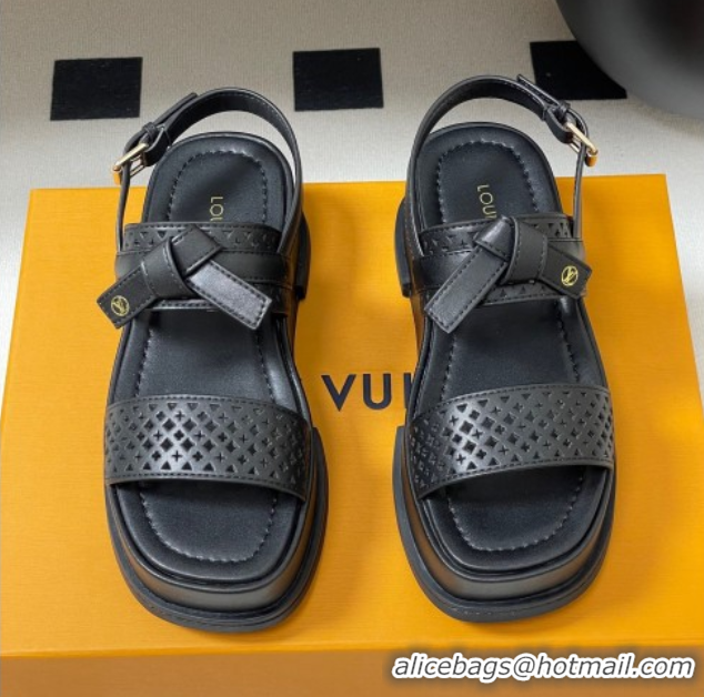Grade Quality Louis Vuitton Maya Platform Comfort Sandals 5cm in Perforated Calf Leather with Bow Black 0607071