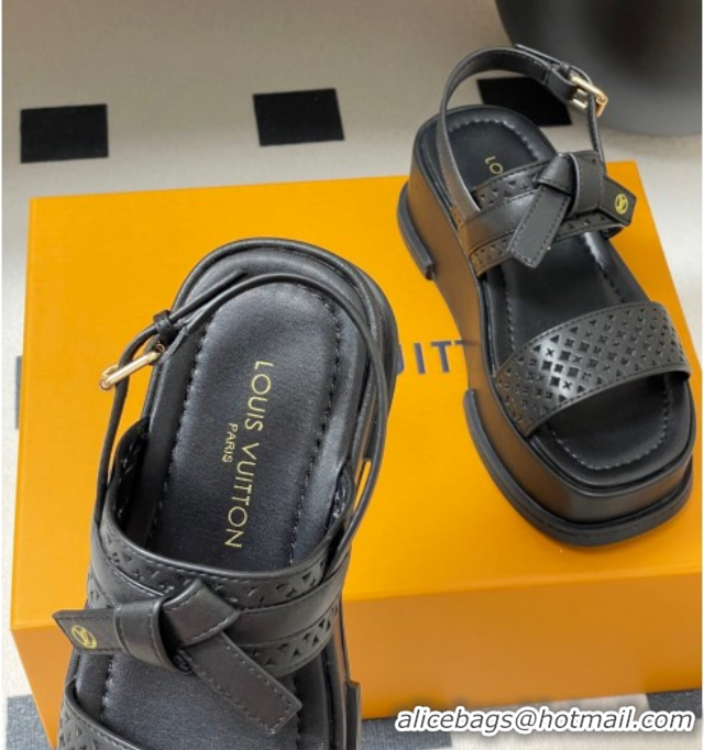 Grade Quality Louis Vuitton Maya Platform Comfort Sandals 5cm in Perforated Calf Leather with Bow Black 0607071