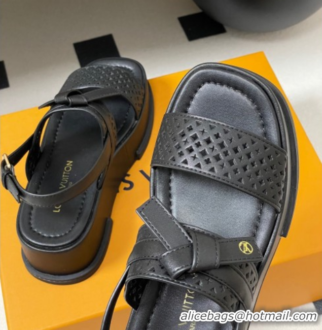 Grade Quality Louis Vuitton Maya Platform Comfort Sandals 5cm in Perforated Calf Leather with Bow Black 0607071