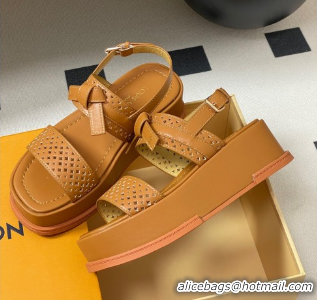 Pretty Style Louis Vuitton Maya Platform Comfort Sandals 5cm in Perforated Calf Leather with Bow Brown 0607072