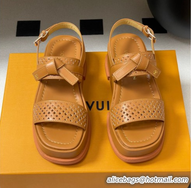 Pretty Style Louis Vuitton Maya Platform Comfort Sandals 5cm in Perforated Calf Leather with Bow Brown 0607072