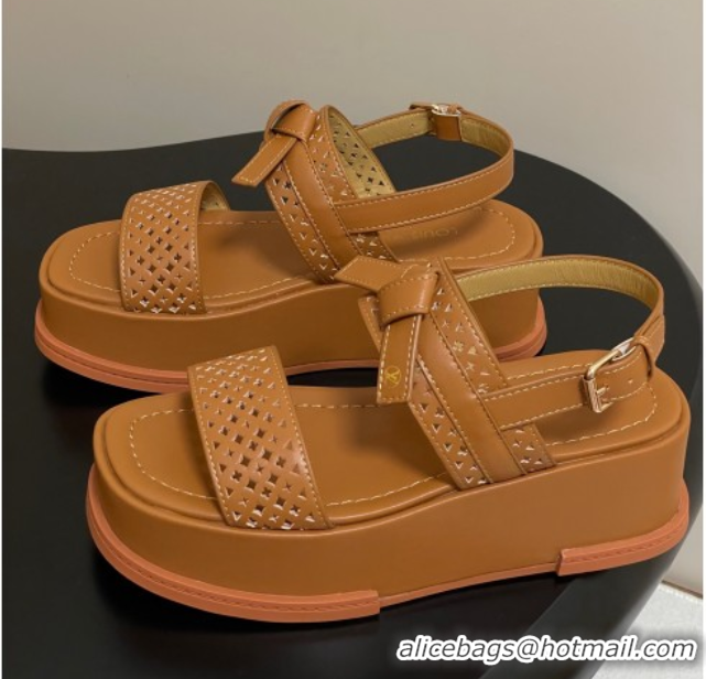 Pretty Style Louis Vuitton Maya Platform Comfort Sandals 5cm in Perforated Calf Leather with Bow Brown 0607072