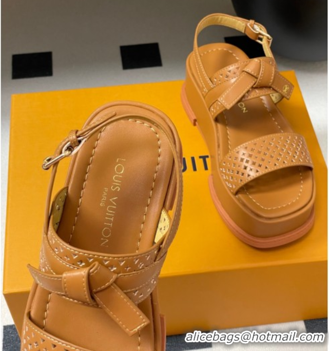 Pretty Style Louis Vuitton Maya Platform Comfort Sandals 5cm in Perforated Calf Leather with Bow Brown 0607072